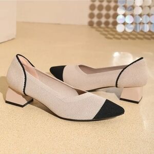 Women Block Kitten Heels Beige Black Size 8 Pointy Toe Shoes Classic Fabric Pump